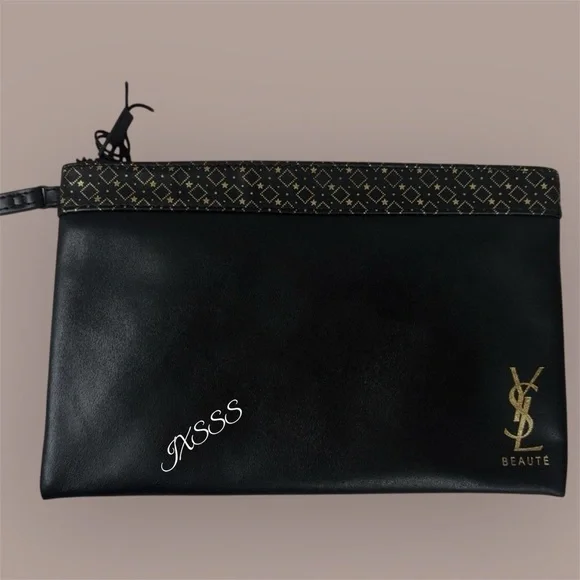 Black Faux-Leather YSL (Yves Saint Laurent) Beauty Cosmetic-Makeup Wristlet Bag - Picture 3 of 9
